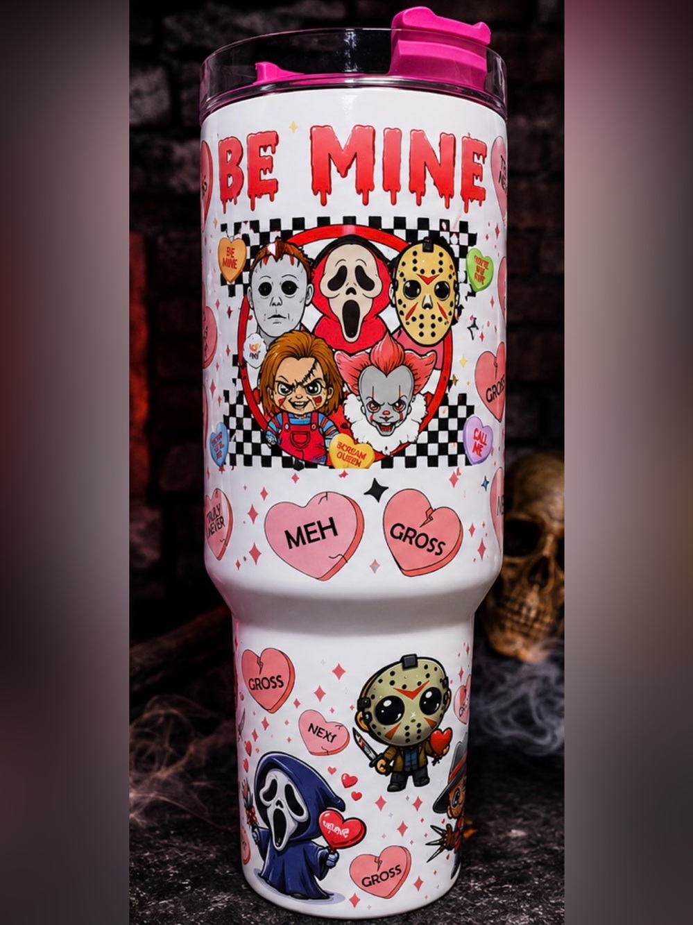 Horror Valentine 40 oz Insulated Tumbler – Michael Myers, Jason, Freddy, Chucky